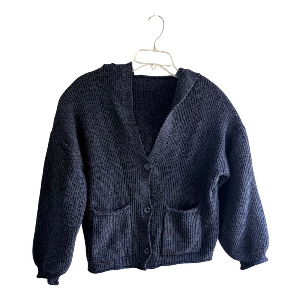 Minimalist Unbranded Cardigan Sweater Relaxed 1XL Navy Blue Ribbed Knit Hooded
